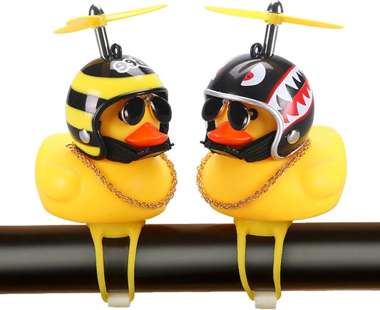 2 Pack Rubber Duck Car Ornaments, Yellow Duck Car Dashboard Decorations Squeeze Duck Bicycle Horns with Propeller Helmet,Bandage and Gold Chain